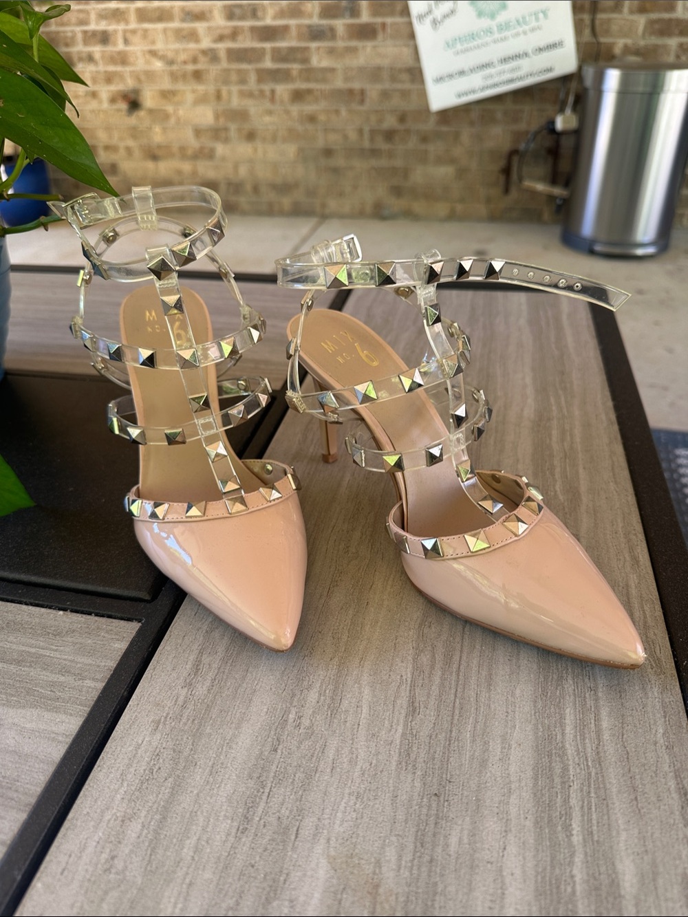 Mix No. 6 Nude Patent Pointed-Toe Studded Strappy Heels